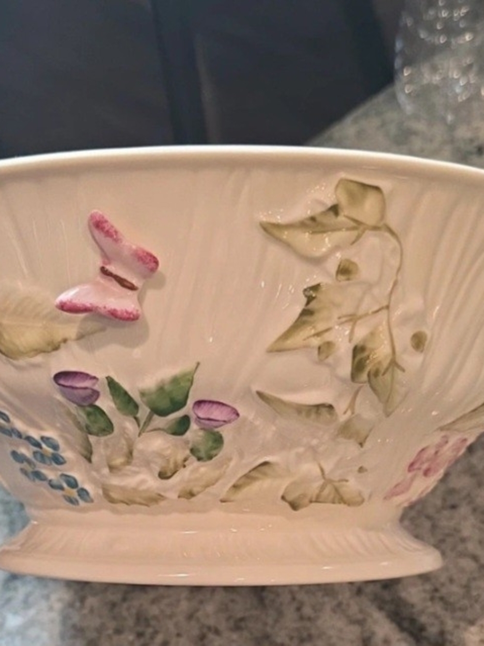 Belleek Cream Ceramic Decorative Bowl with Pink, Purple and Green Floral Relief